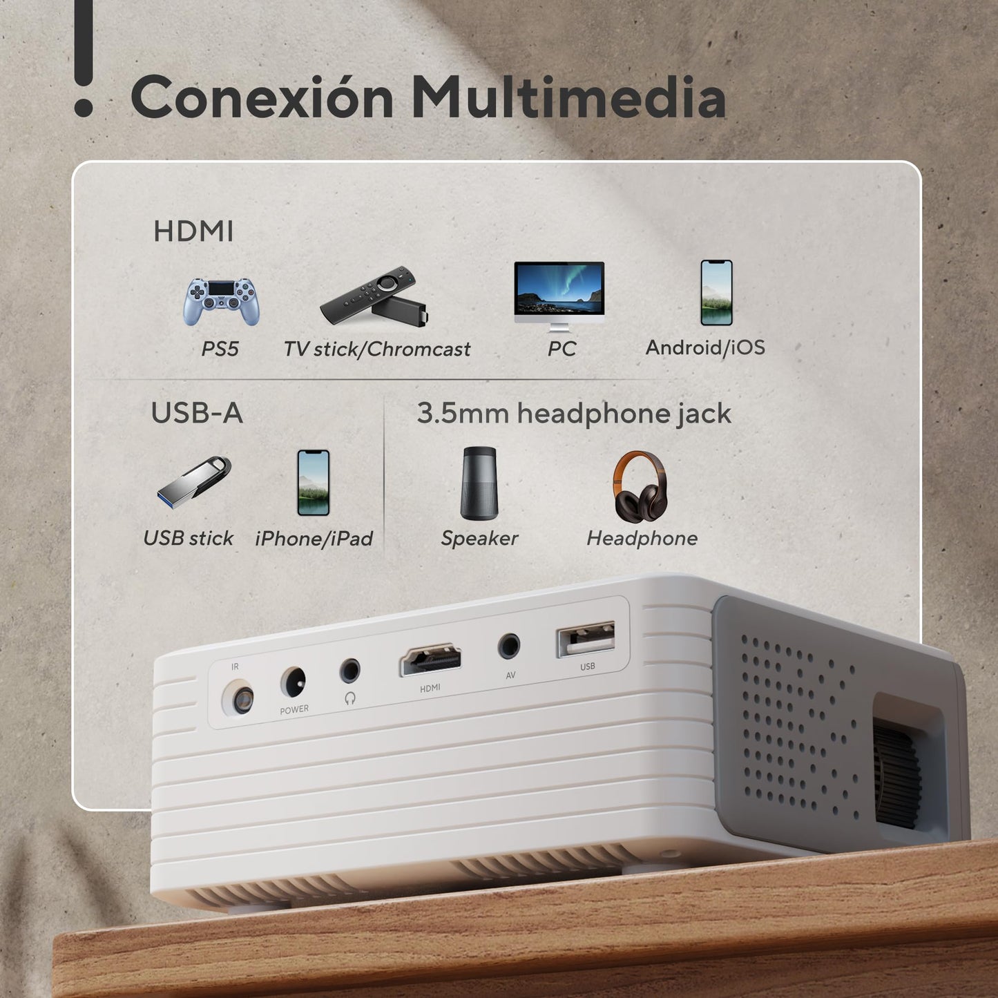 Mini Proyector Portátil 1080P – 15000 Lúmenes, Compatible con Móvil y PC